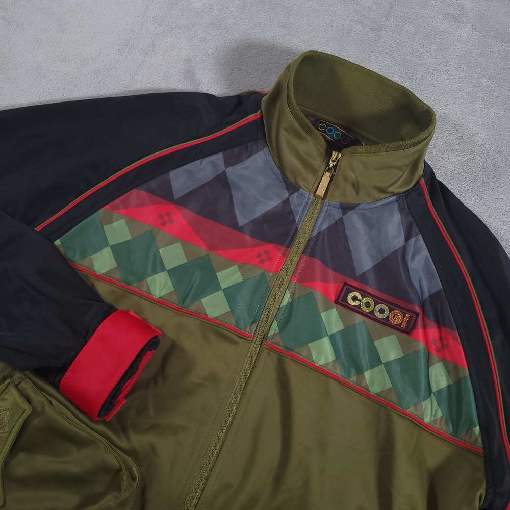 COOGI Track Jacket Men Large Olive Green Argyle‎ Geometric Zip Up Hip Hop Retro